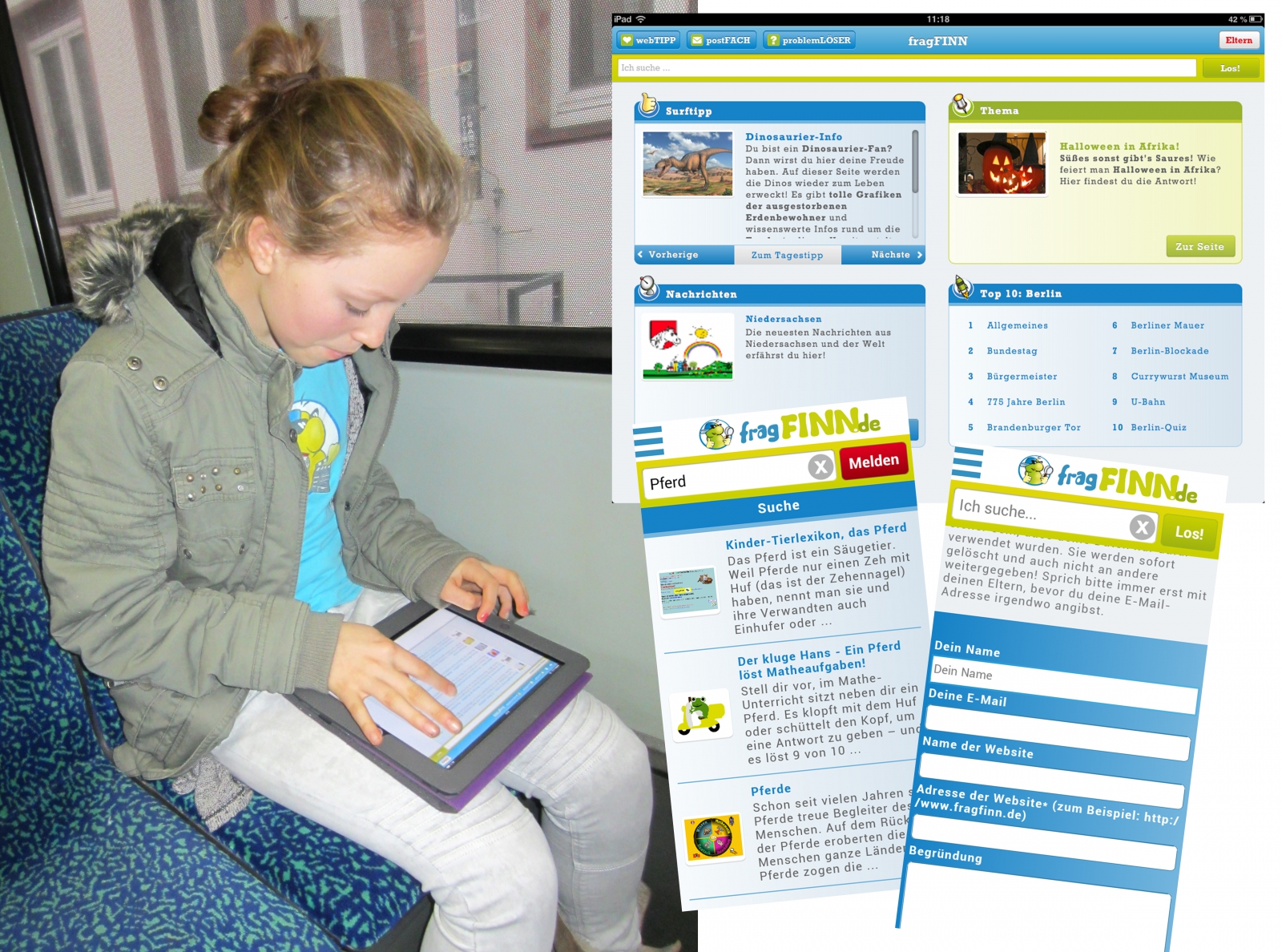 Kinderreporterin surft unterwegs mit der fragFINN-App; (c) fragFINN e.V.