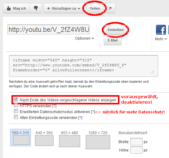 Ausschnitt Einbetten von YouTube-Videos