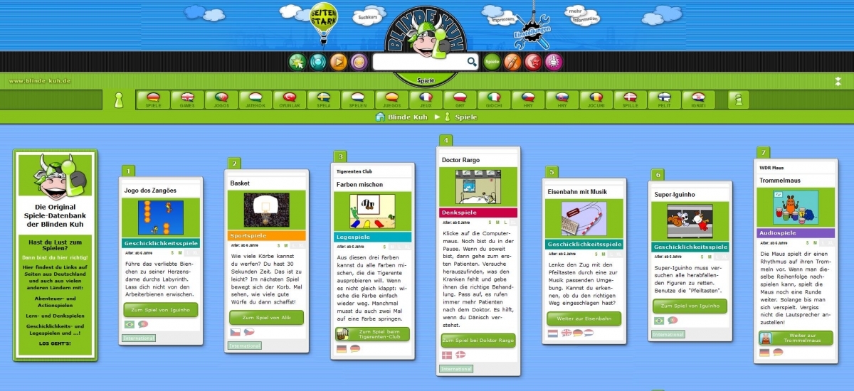 Über 2000 Spiele von deutschen und internationalen Kinderseiten bietet die Kindersuchmaschine Blinde Kuh, Screenshot www.blinde-kuh.de 