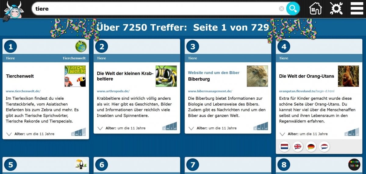 Die Kindersuchmaschine Blinde Kuh gibt bei den Treffern eine Altersempfehlung an