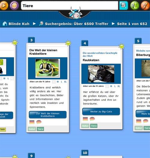 Screenshot der Kindersuchmaschine Blinde Kuh