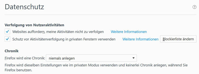 Screen zur Firefox Do-not-track-Einstellung