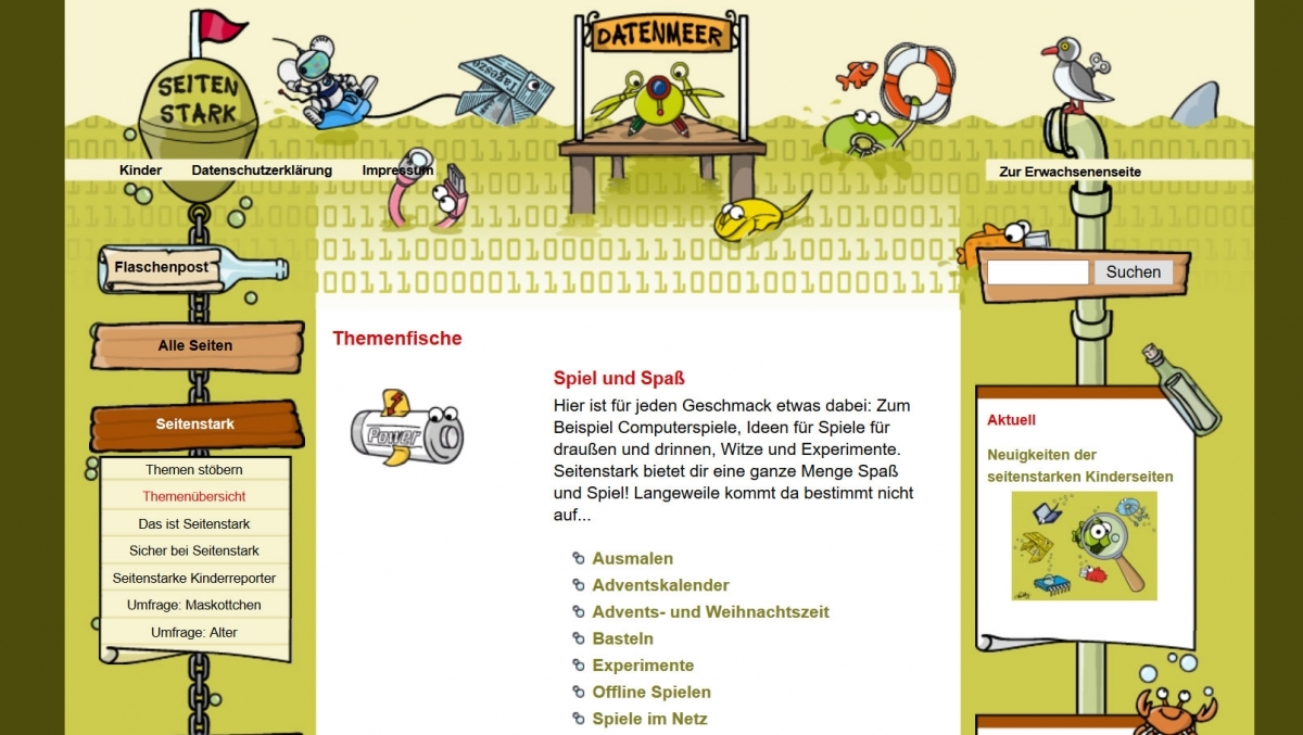 Themenfisch "Spiel und Spaß" auf seitenstark.de verlinkt zu den Angebot der AG-Mitglieder