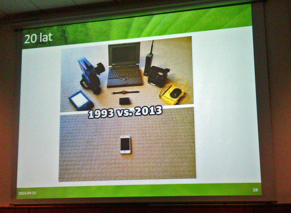  Technikvergleich 1993 zu 2013 Ein Smartphone ersetzt 8 Geräte/ Folie des Vortrags "How should we answer the future challenges in the field of children and youth internet safety?" von Dr. Hans Martens, INSAFE und Russel Chadwick, INHOPE /Bild: Tanja Hebenstreit