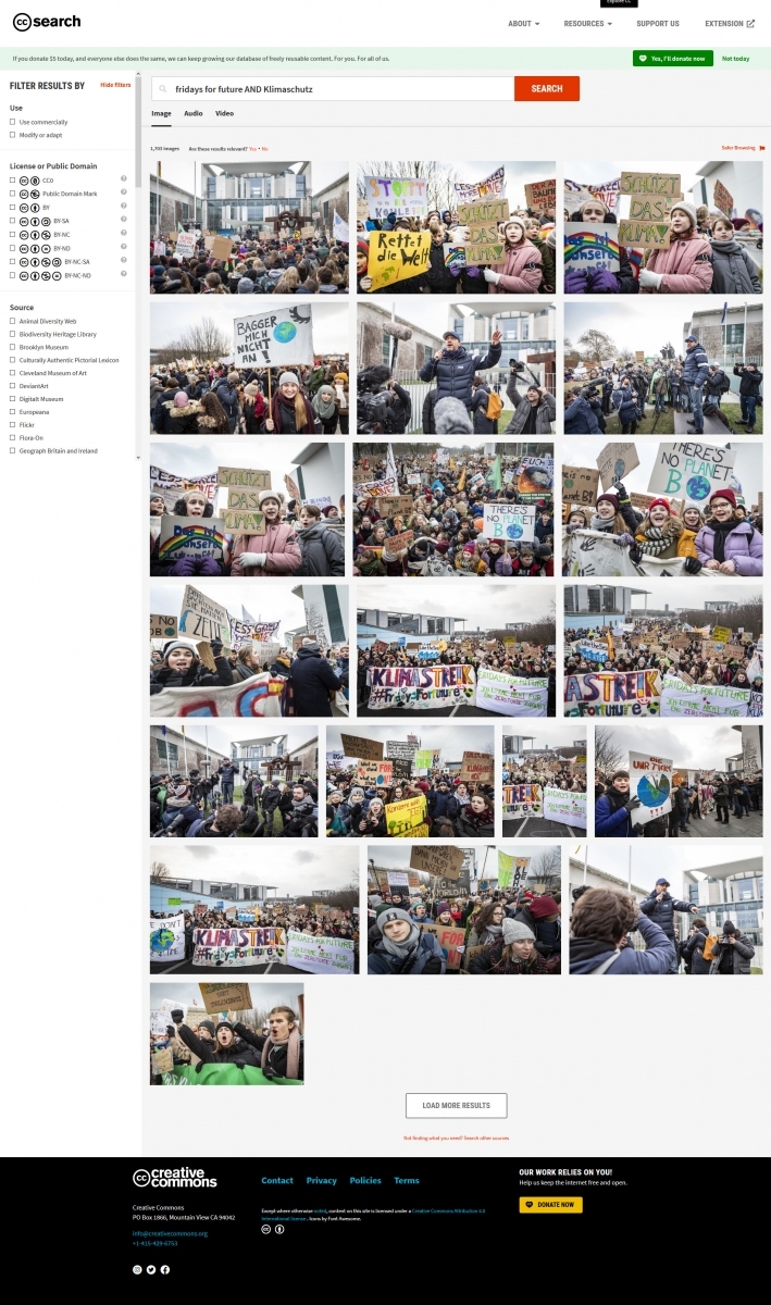 Screenshot der Suchergebnisse "Fridaysforfuture AND Klimaschutz" von CC Search